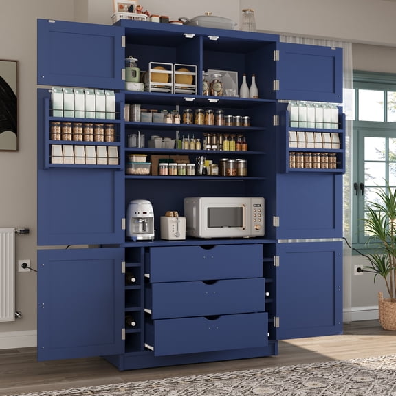 80" Tall Kitchen Pantry Cabinet, Large Kitchen Hutch Cabinet with Charging Station, Wood Freestanding Cupboard with 3 Drawers and 10 Wine Racks, Blue