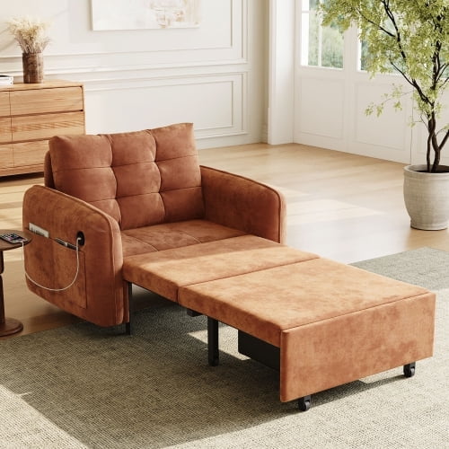 80" Tufted Convertible Sofa Bed, Adjustable Fabric Pull-Out Sleeper Sofa with Smooth Wheels, Queen Size Fabric Pull-Out Sofa Bed with Chenille for Living Room Apartments, Orange