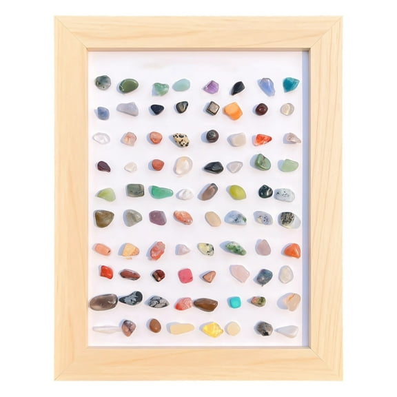 80 Types of Raw Gemstones Crystal Display Frame, Natural Gemstones Collection in Wooden Frame, Colorful and Diverse Gemstone Types, suitable for Housewarming and Valentine's Day Gifts