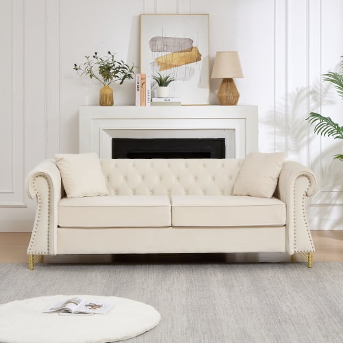 80" Velvet Chesterfield Sofa, Button-Tufted Backrest & Rolled Curved Arms, Nailhead Trim, Metal Legs, 2 Throw Pillows, Elegant Couch for Living Room, Apartment & Bedroom
