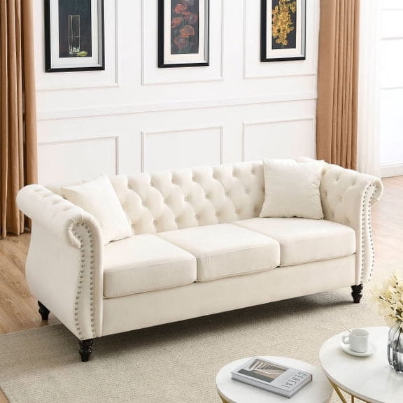 80" Velvet Tufted Large Chesterfield Sofa, Mid-Century Modern Sofa with nailhead trim, Oversized Sofa Chair with solid wood frame for apartment office living room, Beige