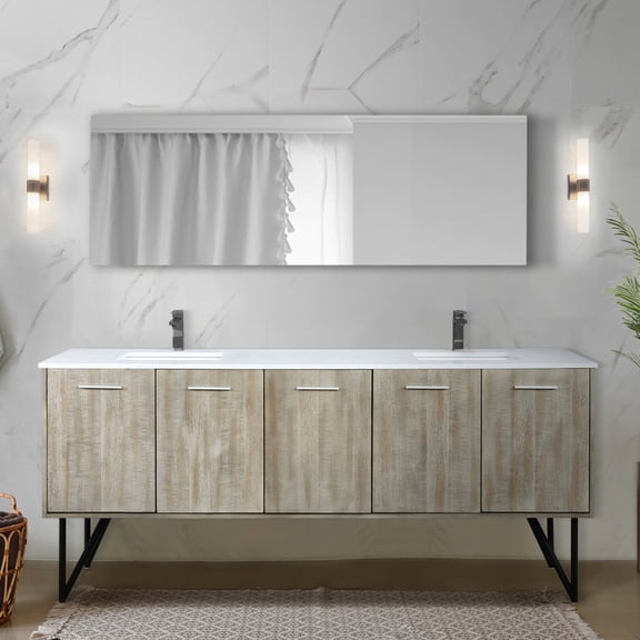 80" W X 20" D Rustic Bath Vanity With Cultured Marble Surface And Faucet - Two Cabinets, One Drawer For Ample Storage Stain- Top Metal Cabinets Practical
