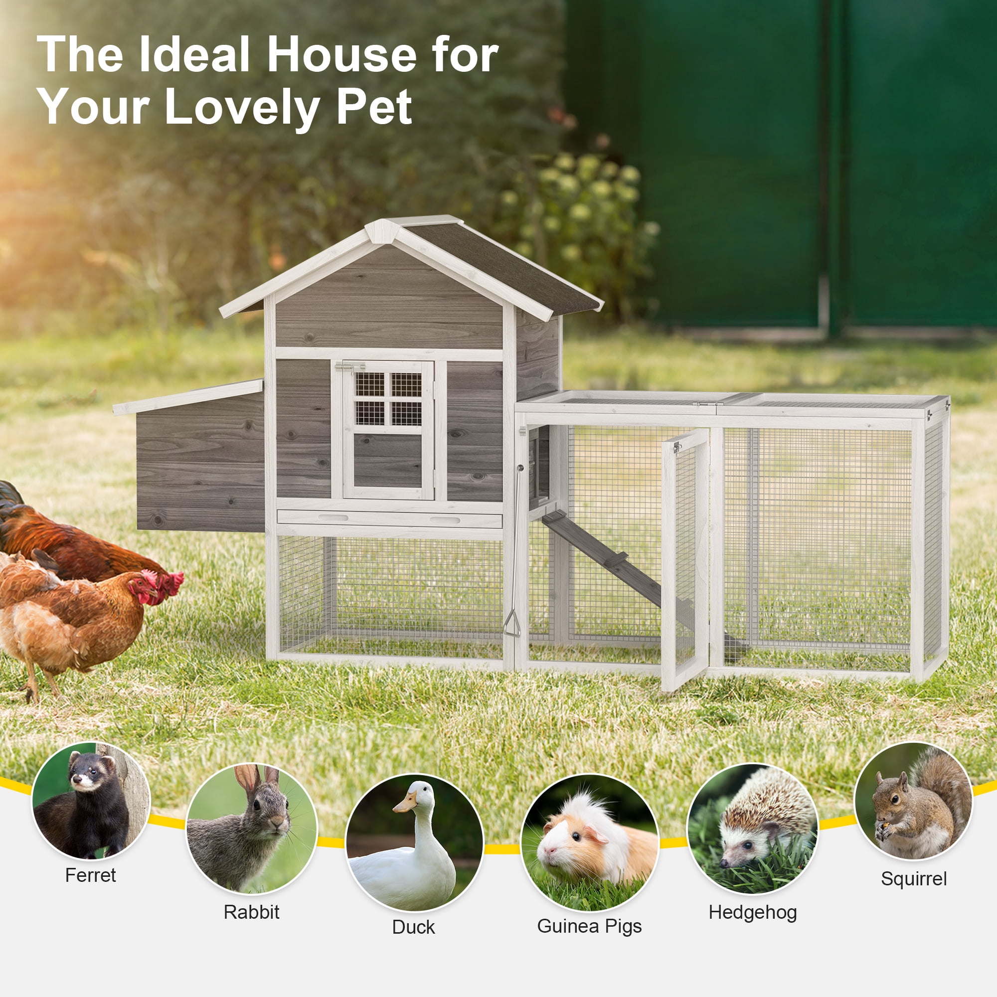 80” Wooden Chicken Coop 2 Tier Guinea Pig Pet House With Egg Box,Grey ...