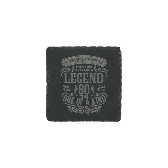 Pavilion Gift Company - 80 Years - 4" x 4" Slate Engraved Drink Cup Coaster Milestone Birthday Party Bar Accessory