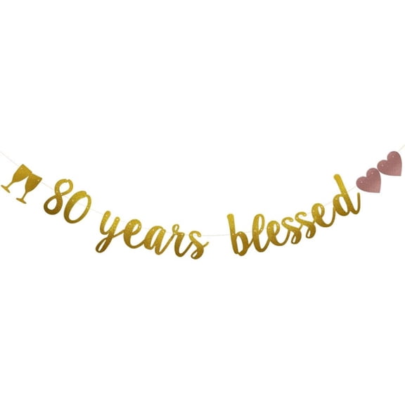 80 Years Blessed Banner, Pre-Strung, Gold Glitter Paper for 80th Birthday/Wedding Anniversary Party Decorations Supplies, No Assembly Required,Gold,