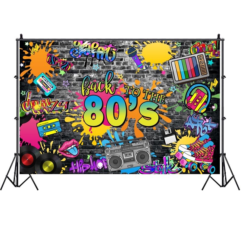 Customized Backdrop YongFoto Retro Graffiti Brick Wall Backdrop 10x8ft Back To 80's 90's Hippie Hip Hop Street Art Rock Punk Let's Party Photography Background Photo Studio Booth Props Party Banner Room Decor-669724