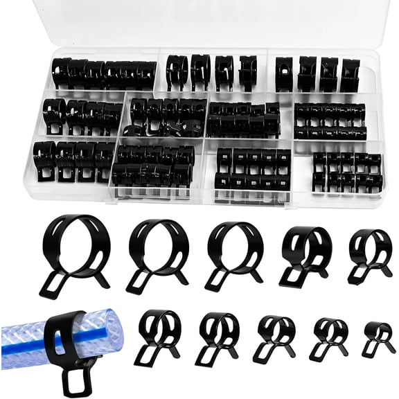80 count Vacuum Hose Clamps Assortment Kit - Spring Hose Clamps for 6mm To 18mm Pipes - Low Air Clip Set (Black)