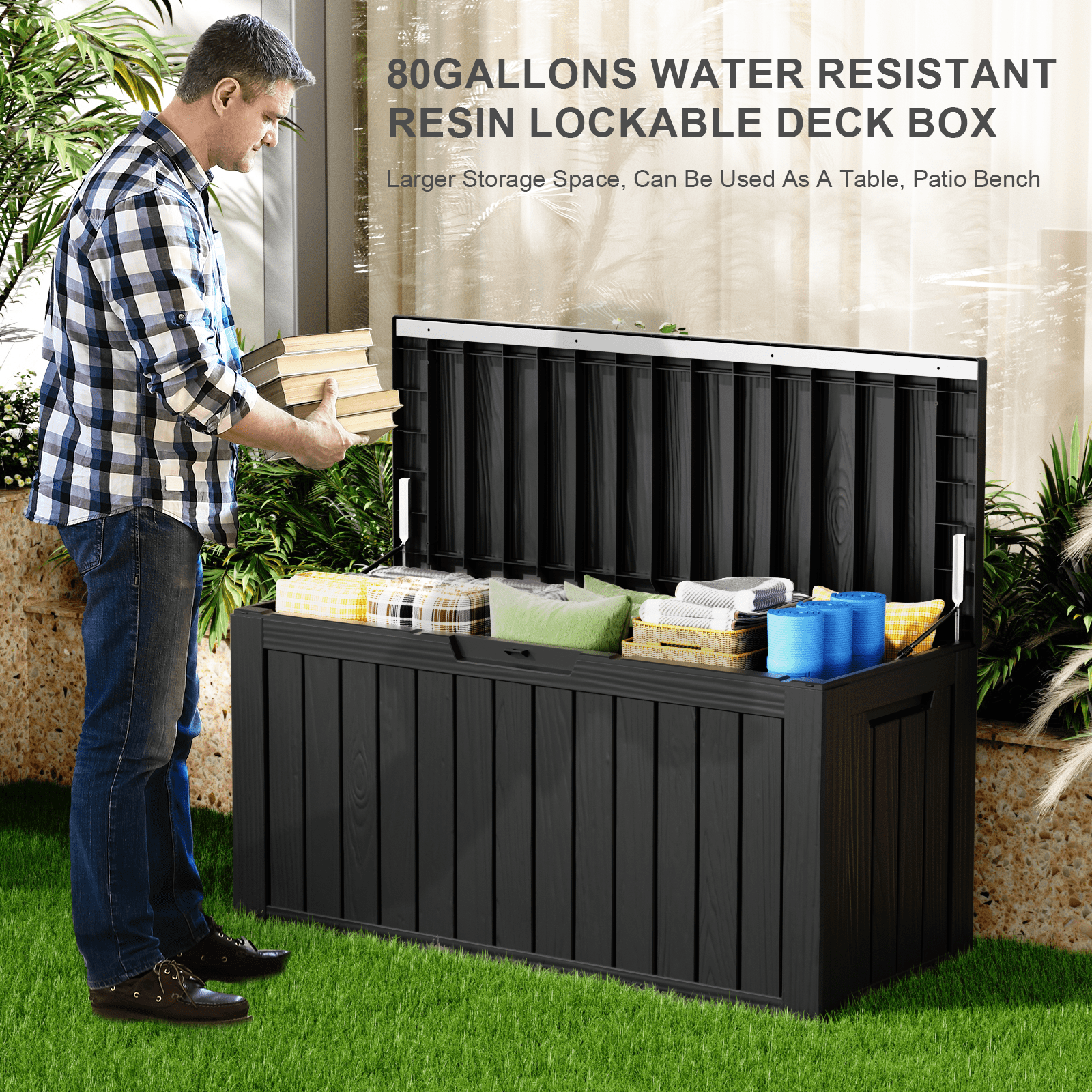 80 gallon deck box，Resin material outdoor storage box，Waterproof and UV