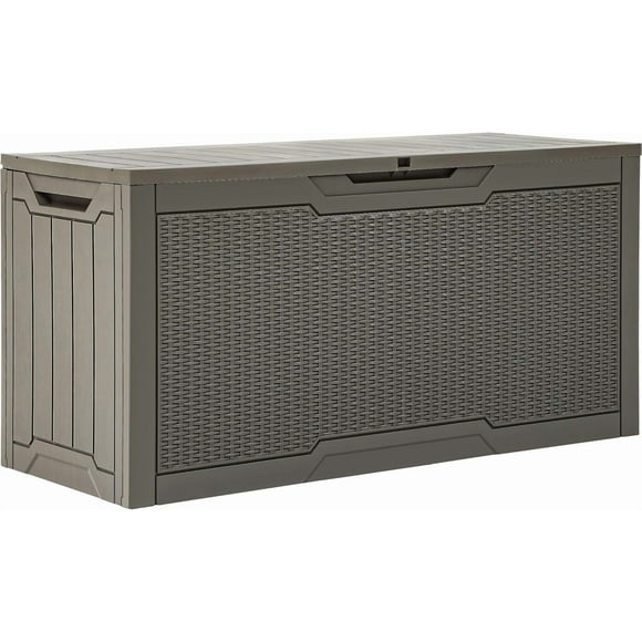 **80 gallon outdoor storage box, large water resistant resin deck box, indoor outdoor lockable rattan storage container for patio, garden, cushions, tools, equipment (taupe)