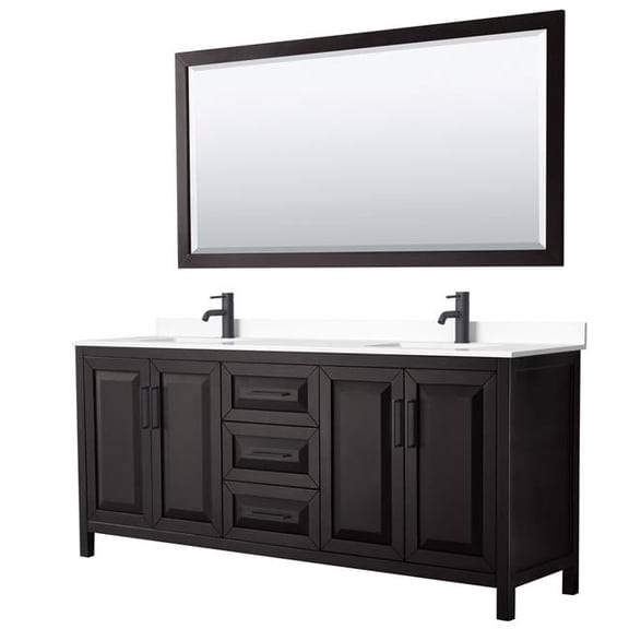 80 in. Daria Dark Espresso Double Bathroom Vanity with White Cultured Marble Countertop, Undermount Square Sinks & Matte Black Trim - 70 in. Mirror