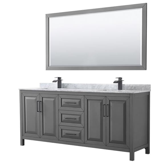 80 in. Daria Dark Gray Double Bathroom Vanity with White Carrara Marble Countertop, Undermount Square Sinks & Matte Black Trim - 70 in. Mirror