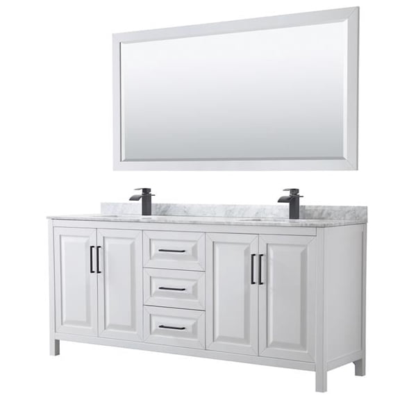 80 in. Daria White Double Bathroom Vanity with White Carrara Marble Countertop, Undermount Square Sinks & Matte Black Trim - 70 in. Mirror