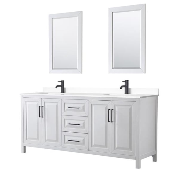 80 in. Daria White Double Bathroom Vanity with White Cultured Marble Countertop, Undermount Square Sinks & Matte Black Trim - 24 in. Mirrors