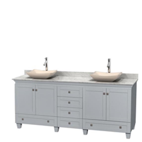 80 in. Double Bathroom Vanity In Oyster Gray, White Carrera Marble Countertop, Avalon Ivory Marble Sinkss