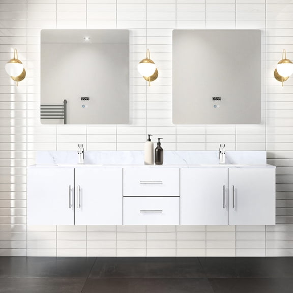 80-in Glossy White Double Vanity with Included Mirrors / Two Spacious Drawers