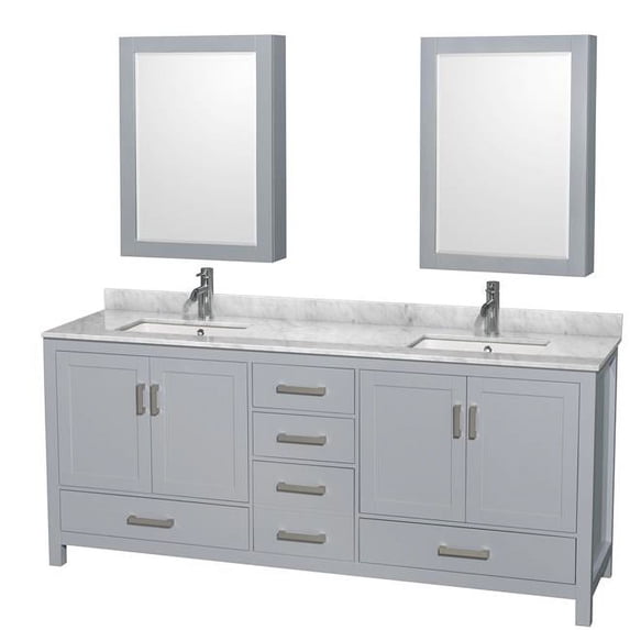80 in. Sheffield Double Bathroom Vanity in Gray with Ivory Marble Countertop, Undermount Square Sink & 24 in. Mirror