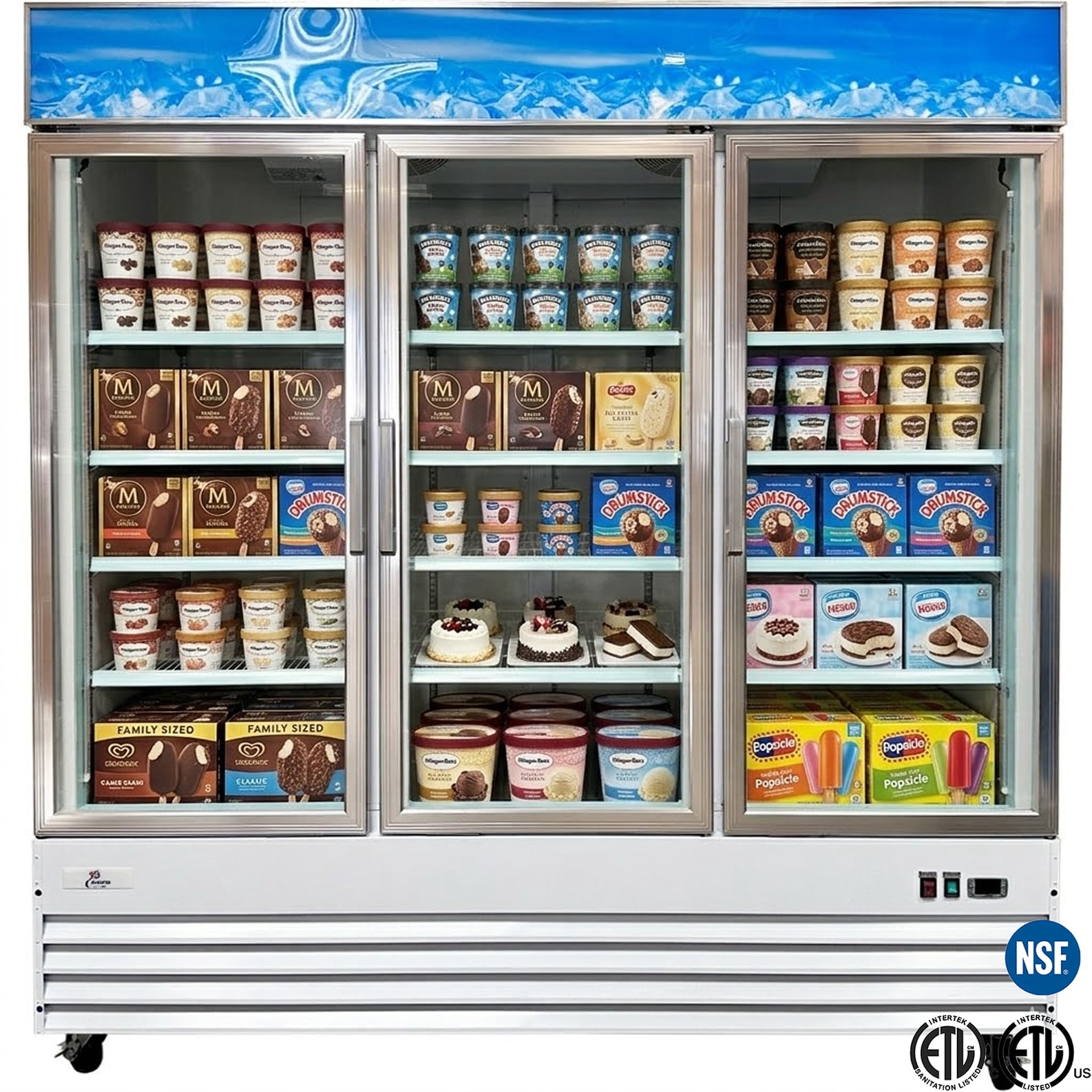 Commercial 3-Door Glass Door Freezer Merchandiser, 52 Cu.Ft Upright Display Freezer with LED Lighting, NSF Certified