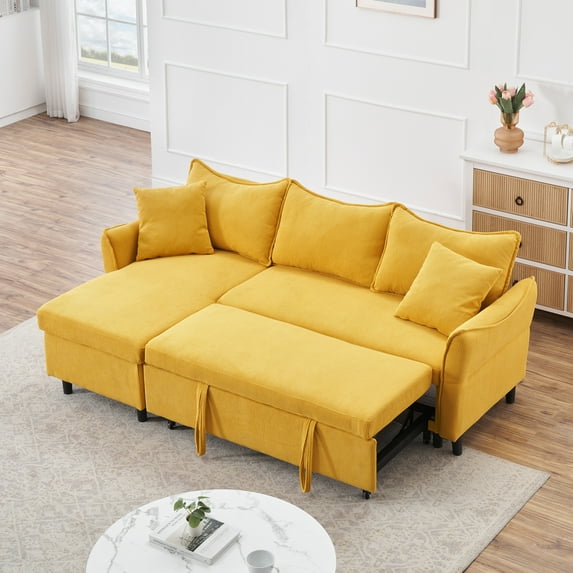 80-inch Convertible Sofa Bed, Corduroy L-shaped Couch with Storage Seat & 2 Pillows, Modern Soft Lazy Chair with Pull-Out Ottoman for Living Room Office Apartment, Yellow