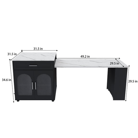 80-inch Expandable Kitchen Island with Dining Table, Marble-Grain Countertop with Power Outlet, Mobile Storage Cart with Cabinet & 2 Drawers, Black MDF Kitchen Prep Table