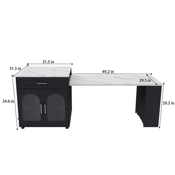 80-inch Expandable Kitchen Island with Dining Table, Marble-Grain Countertop with Power Outlet, Mobile Storage Cart with Cabinet & 2 Drawers, Black MDF Kitchen Prep Table
