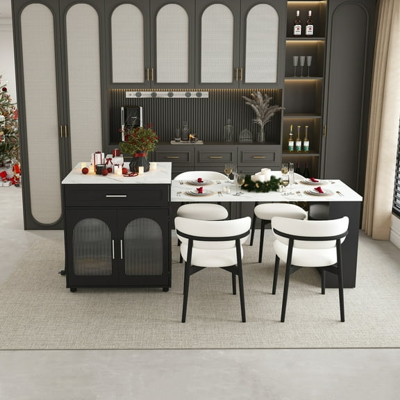 80-inch Expandable Kitchen Island with Dining Table, Marble-Grain Countertop with Power Outlet, Mobile Storage Cart with Cabinet & 2 Drawers, Kitchen Prep Table (Black)