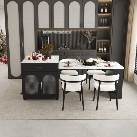 80-inch Expandable Kitchen Island with Dining Table, Marble-Grain Countertop with Power Outlet, Mobile Storage Cart with Cabinet & 2 Drawers, Walnut Finish Kitchen Prep Table