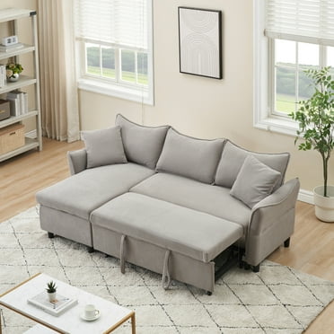 80-inch Sleeper Sofa Couch with Pull Out Bed, Corduroy L Shaped Sleeper Sofa with Storage, Convertible Sectional Sleeper Sofa w/Chaise and 3 Back Cushions for Living Room, Office, Gray