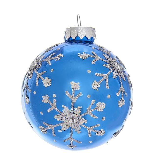 80 mm Blue & Silver Glitter Snowflake Glass Ball Ornaments, 6 Piece ...