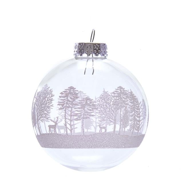 Clear Glass Ball Ornaments with White Tree Design, Set of 6
