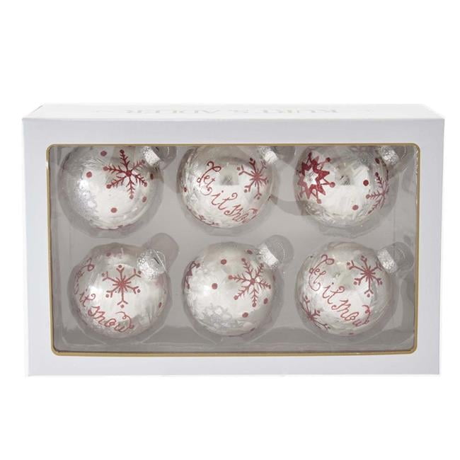 80MM Silver and Red Snowflake Glass Ball Ornaments, Set of 6