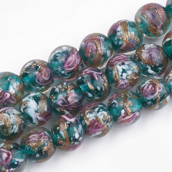80 pc Handmade Gold Sand Lampwork Beads Inner Flower Round Dark Cyan 10~10.5x9~10mm Hole: 1.5~2mm