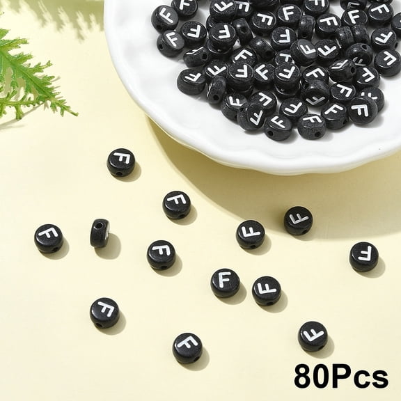80 pc Opaque Acrylic Horizontal Hole Beads with Enamel Flat Round Letter F 7x4mm Hole: 1.5mm
