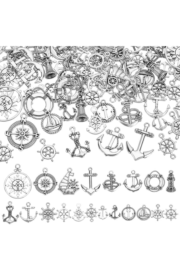 80 pcs 20 styles Tibetan Style Alloy Charms Silver Anchor Theme Pendants Anchor Rudder Helm Ship's Wheel Links Connectors Tower Building Charms for DIY Craft Making Accessory