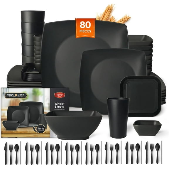 80-piece Plastic Kitchen Wheat Straw Square Dinnerware Set for 8, Unbreakable Dinner Plates, Salad Plates, Snack Bowls,Sauce Cups,Tumblers 13.5oz, Dishwasher Safe, Outdoor Camping Dish, Black