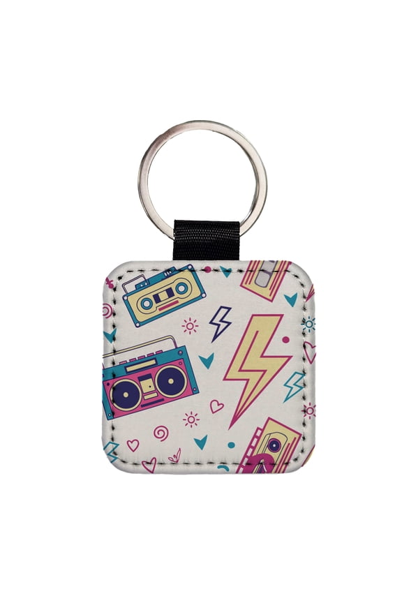 80's Eighties Theme Style Faux Leather Square Keychain