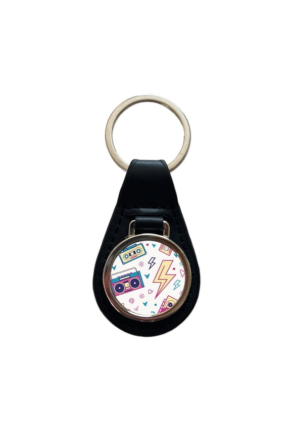 80's Eighties Theme Style Metal Black Leather Keychain
