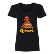 80's Gamer Old Arcade Novelty Tee Qbert Womens Vneck T-Shirt (Black, S)