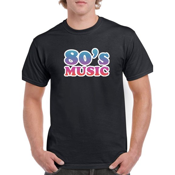"80's Music" Across Chest Multicolor Text Men Black T-Shirt, Male Small