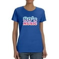 thumbnail image 1 of "80's Music" Across Chest Multicolor Text Women Royal Blue T-Shirt, Female Large, 1 of 4