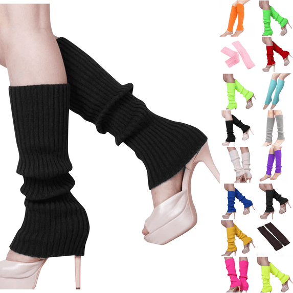 80's Women Knit Leg Warmers Crochet Ribbed Neon Leg Socks for Dance or Yoga Wear Party Accessories Black One Size