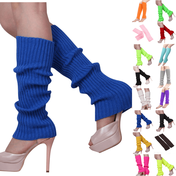 80's Women Knit Leg Warmers Crochet Ribbed Neon Leg Socks for Dance or Yoga Wear Party Accessories Blue One Size