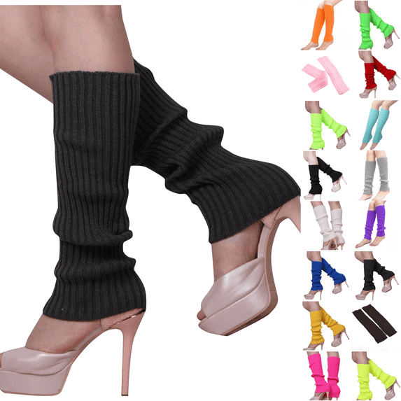 80's Women Knit Leg Warmers Crochet Ribbed Neon Leg Socks for Dance or Yoga Wear Party Accessories Dark Gray One Size