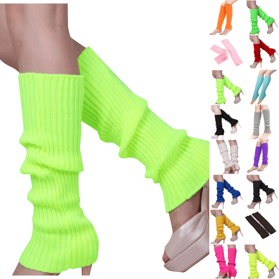 80's Women Knit Leg Warmers Crochet Ribbed Neon Leg Socks for Dance or Yoga Wear Party Accessories Fluorescent Green One Size