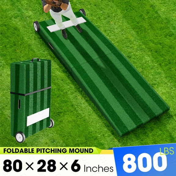 80" x 28" x 6" Foldable Pitching Mound for Baseball Softball Training, Portable Pitcher's Mound with Stride Lines, Wheels & Non-Slip Base