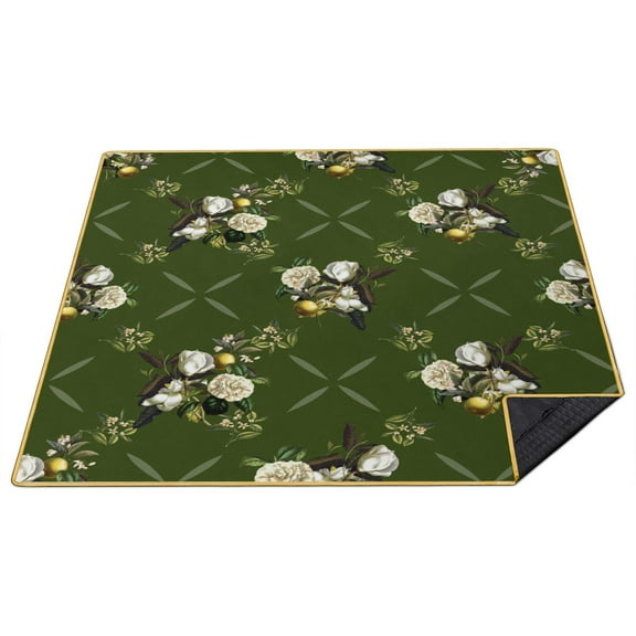 80”x 80”Extra Large Green Classical Floral Picnic Blankets Waterproof Foldable Beach Blanket Sandproof,3-Layer Thicking Outdoor Packable Blanket for Camping, Park, Beach, Grass, Indoors