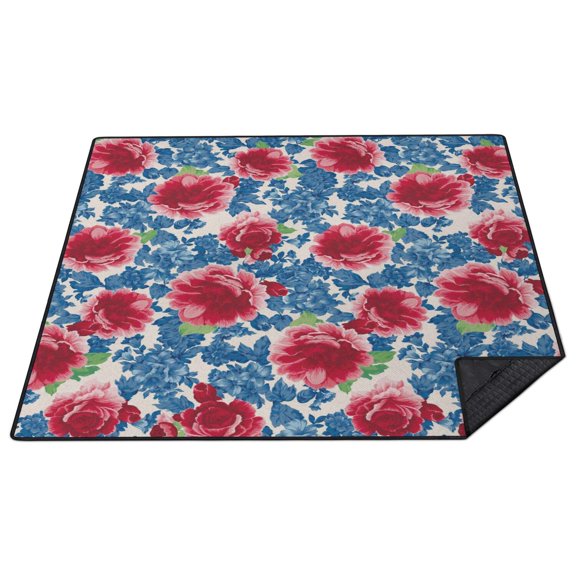 80”x 80”Extra Large Pioneer Pink Blue Rose Picnic Blankets Waterproof Foldable Beach Blanket Sandproof,3-Layer Thicking Outdoor Packable Blanket for Camping, Park, Beach, Grass, Indoors