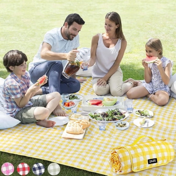 80"x80" Giant Picnic Blanket - Waterproof Heavy-Duty 5-Layer Outdoor Mat, Oversized for 4-8 People, Foldable & Lightweight (2.3lbs), Machine Washable - Yellow & White for Camping, Beach,