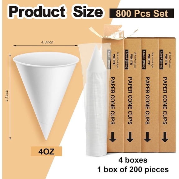 800 Count 4 Ounce Thick Paper Cone Cups for Shaved Ice and Slushies