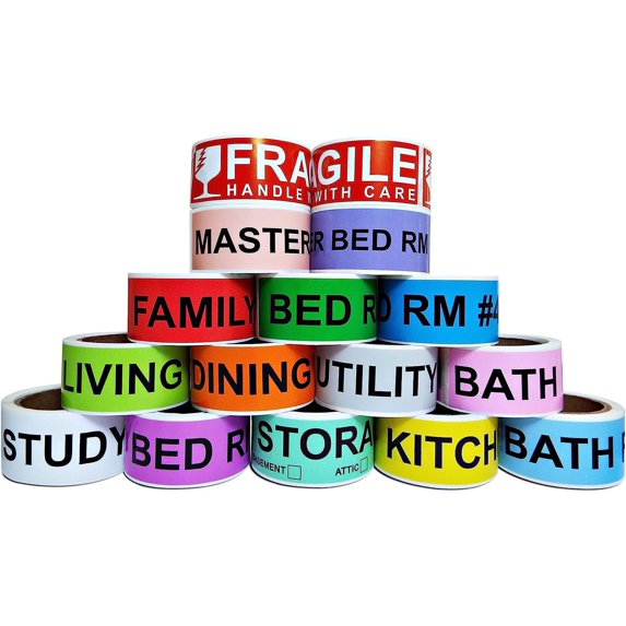 Aegis Adhesives - 1" X 4.5" Home Moving Color Coding Labels - 4 Bedroom House + Fragile Stickers -14 Different Living Spaces + 2 Handle With Care - (16 Rolls, 50 Stickers Each, 800 Total)