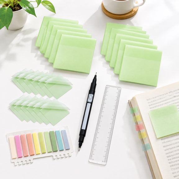 800 Count Morandi Teal Morandi Color Transparent Sticky Notes Set with Dual-Tip Marker